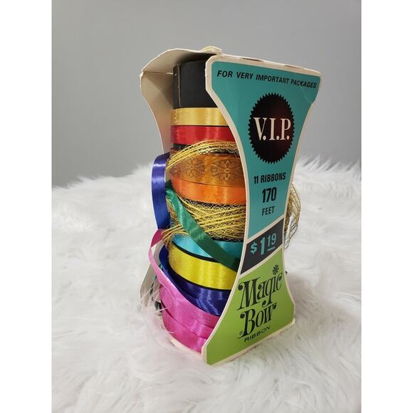 Vintage RETRO MCM Atomic Rainbow Christmas RIBBON EMPTY BOX decor boho advertise - Picture 4 of 8